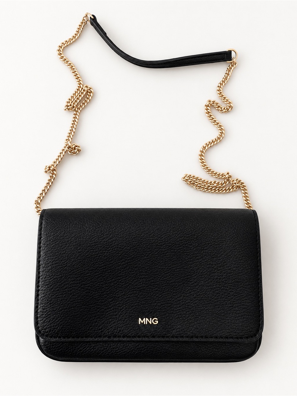 NWOT Mango Black Pebbled Leather Crossbody with Gold Chain